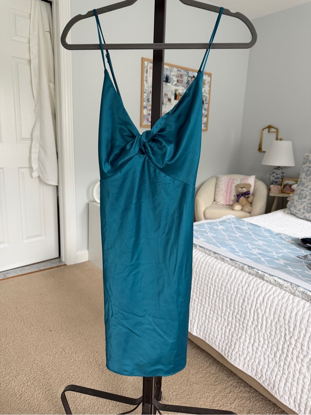 B Darlin Teal Satin Mini Dress with Twist Front